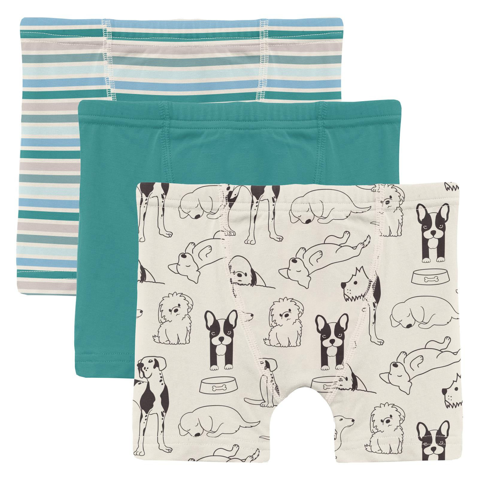 Kickee Pants Print Boxer Brief Set of 3 Lakeside Stripe, Agave & Natural Dogs
