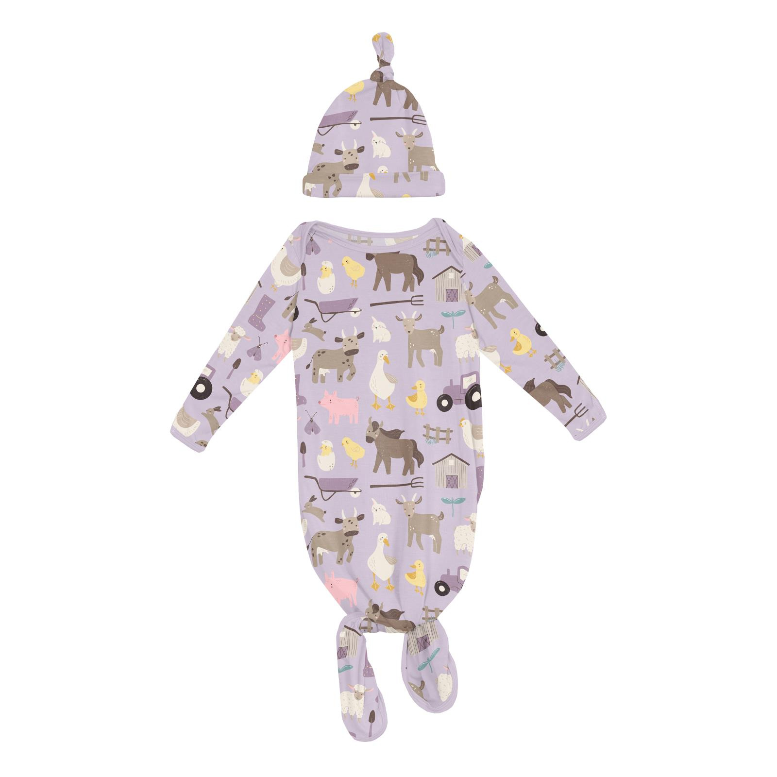 Kickee Pants Print Knotted Layette Gown & Hat Set Thistle Morning on the Farm