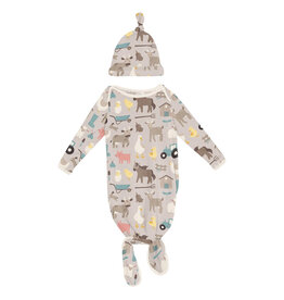 Kickee Pants Print Knotted Layette Gown & Hat Set Latte Morning on the Farm