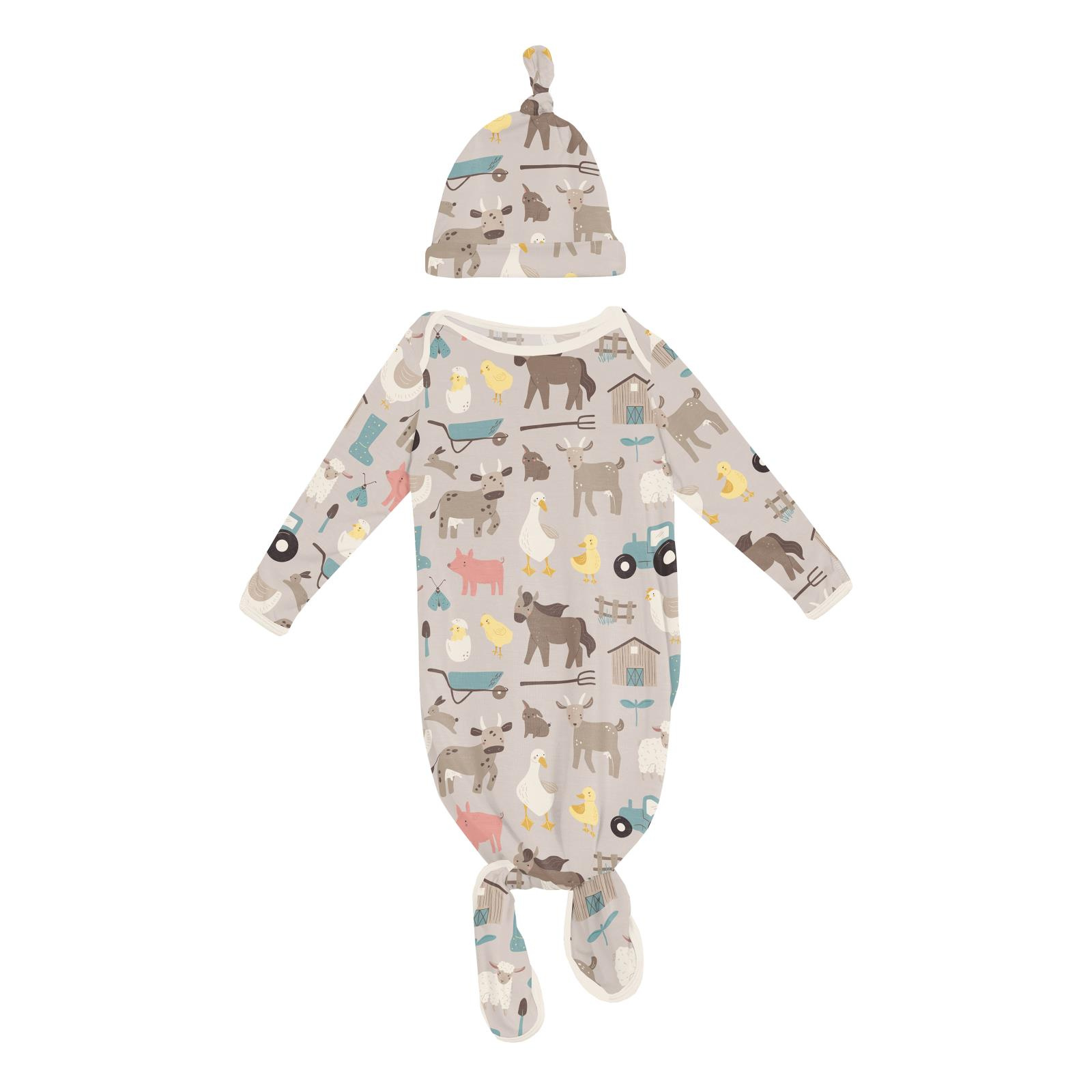Kickee Pants Print Knotted Layette Gown & Hat Set Latte Morning on the Farm