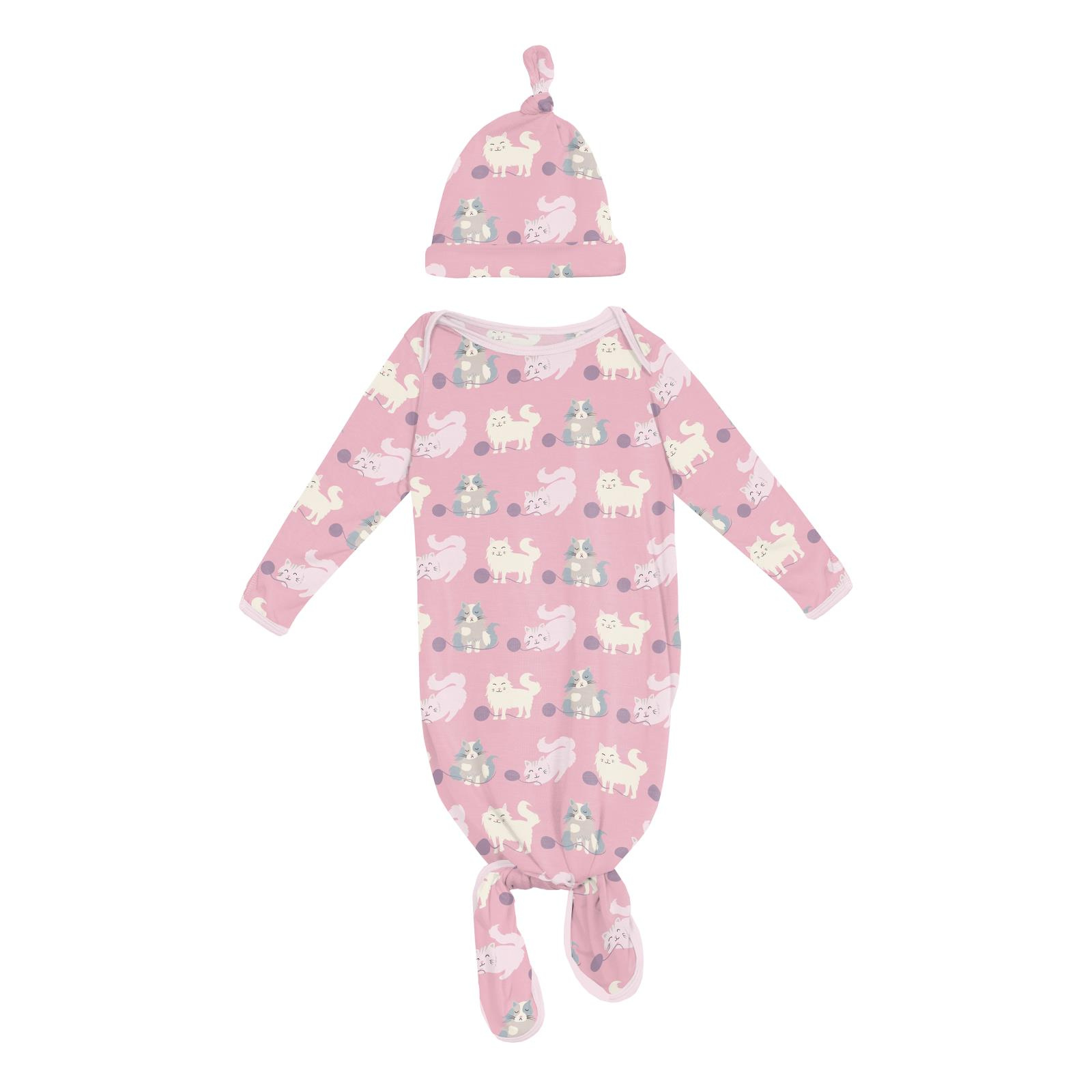 Kickee Pants Print Knotted Layette Gown & Hat Set Cake Pop Cats and Yarn