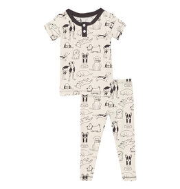Kickee Pants Print Short Sleeve Henley Pajama Set Natural Dogs