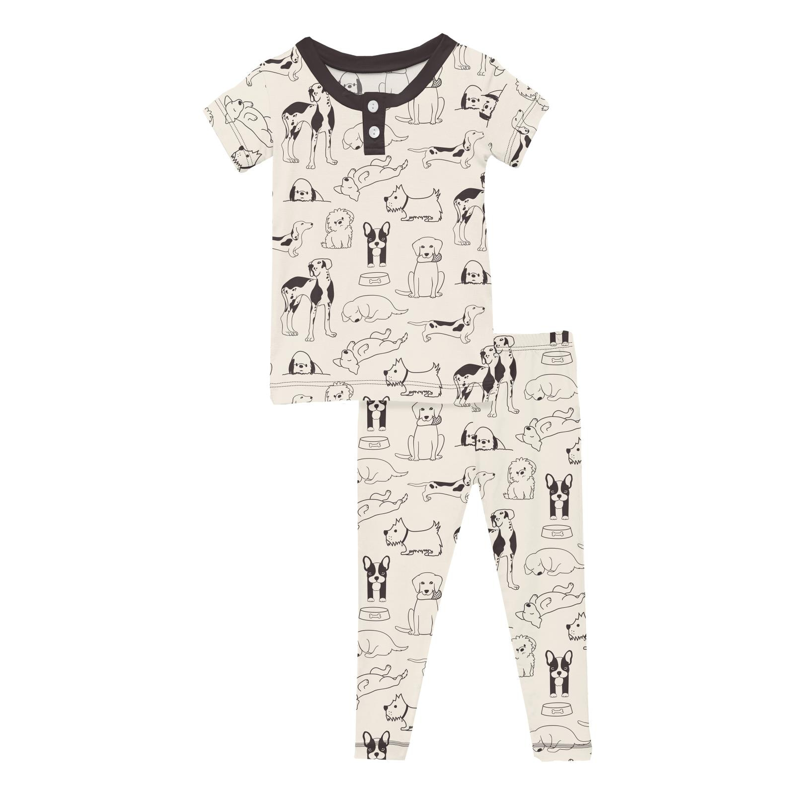 Kickee Pants Print Short Sleeve Henley Pajama Set Natural Dogs