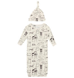 Kickee Pants Print Layette Gown Converter & Single Knot Hat Set Natural Dogs