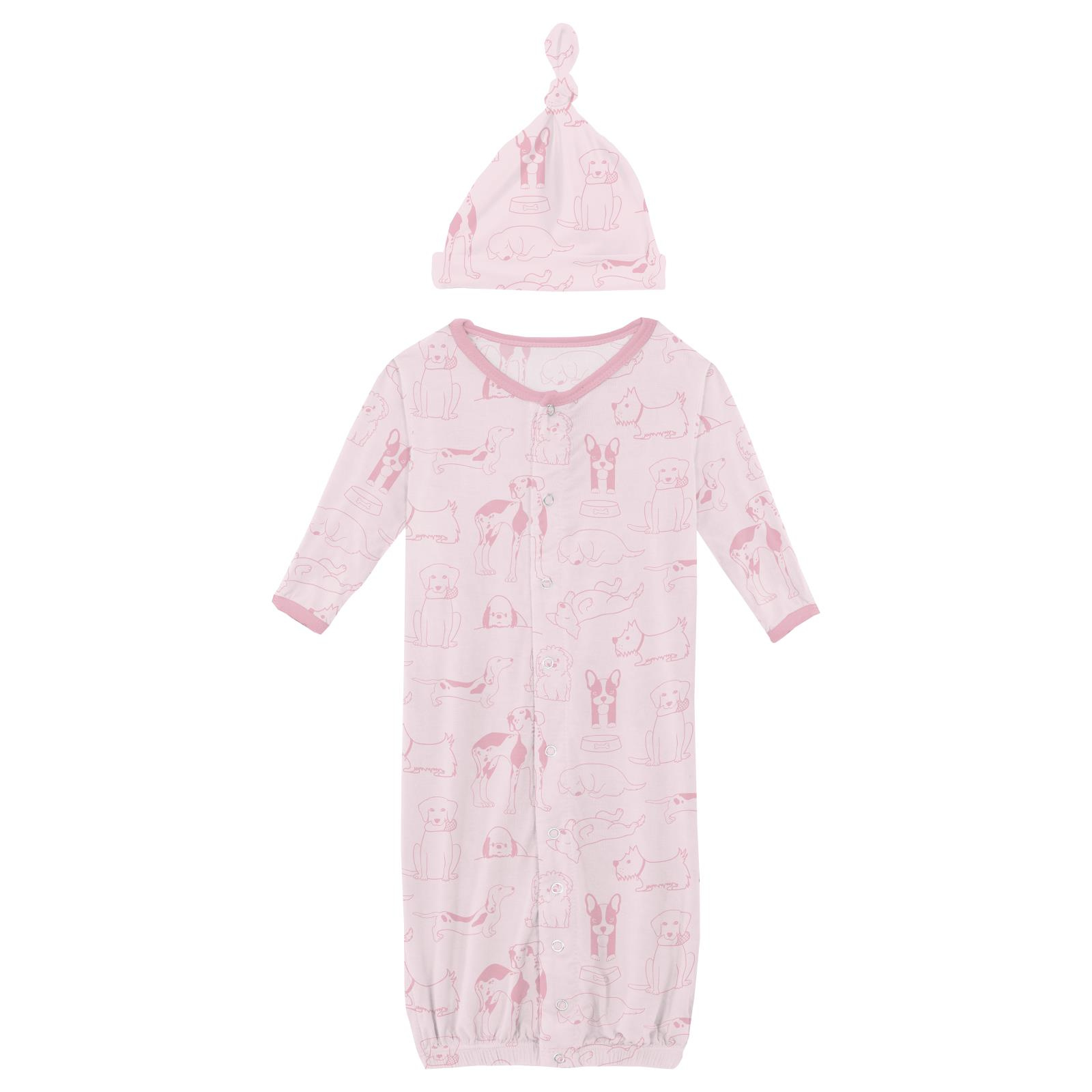 Kickee Pants Print Layette Gown Converter & Single Knot Hat Set Shrinking Violet Dogs