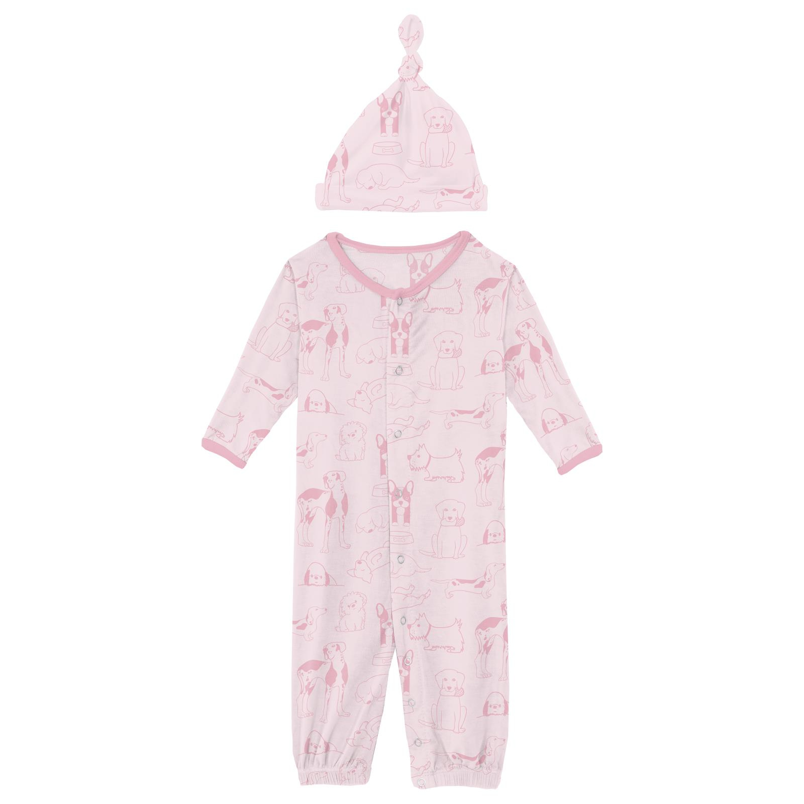 Kickee Pants Print Layette Gown Converter & Single Knot Hat Set Shrinking Violet Dogs