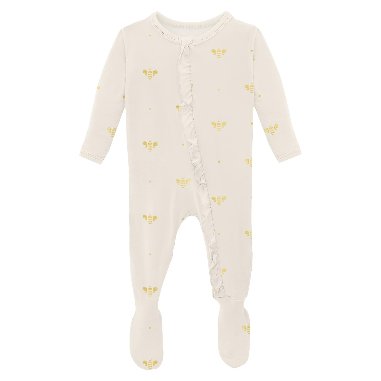 Kickee Pants Print Layette Ruffle Footie with 2 Way Zipper Gold Bees