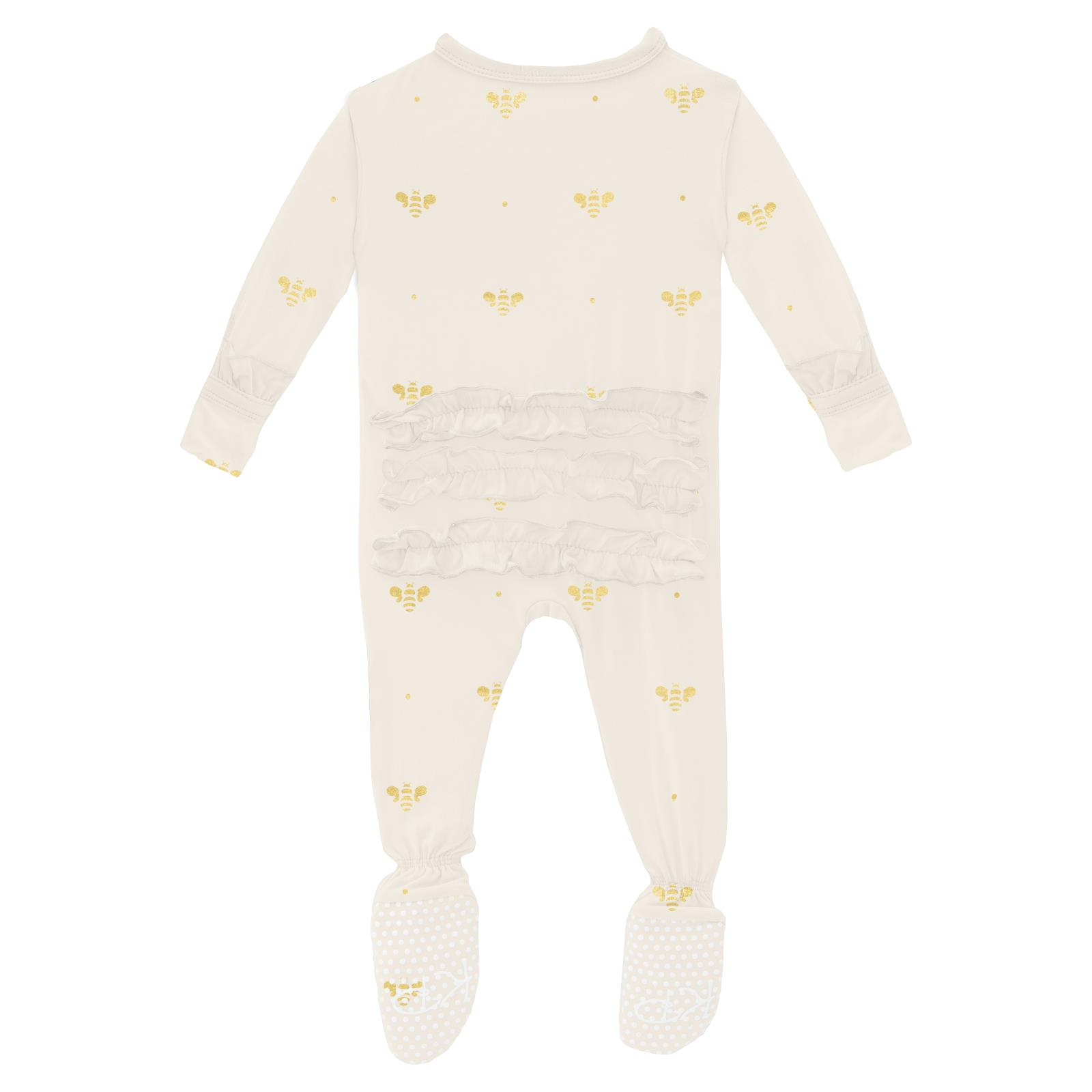 Kickee Pants Print Layette Ruffle Footie with 2 Way Zipper Gold Bees