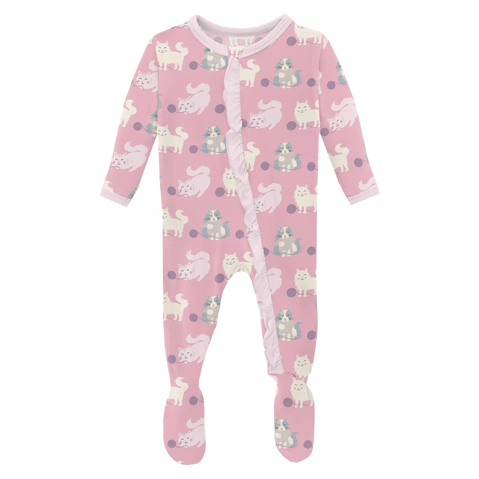 Kickee Pants Print Layette Ruffle Footie with 2 Way Zipper Cake Pop Cats and Yarn