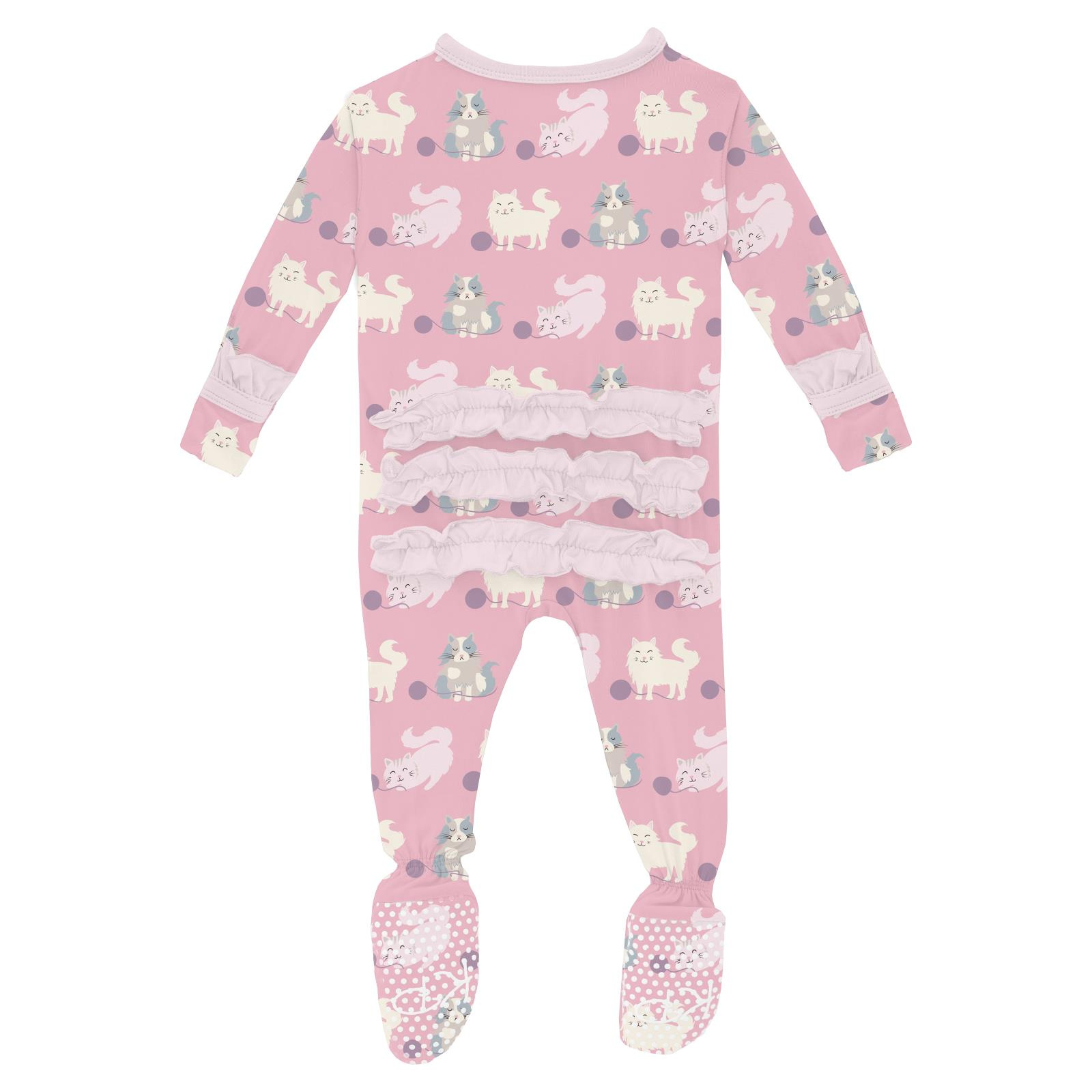 Kickee Pants Print Layette Ruffle Footie with 2 Way Zipper Cake Pop Cats and Yarn