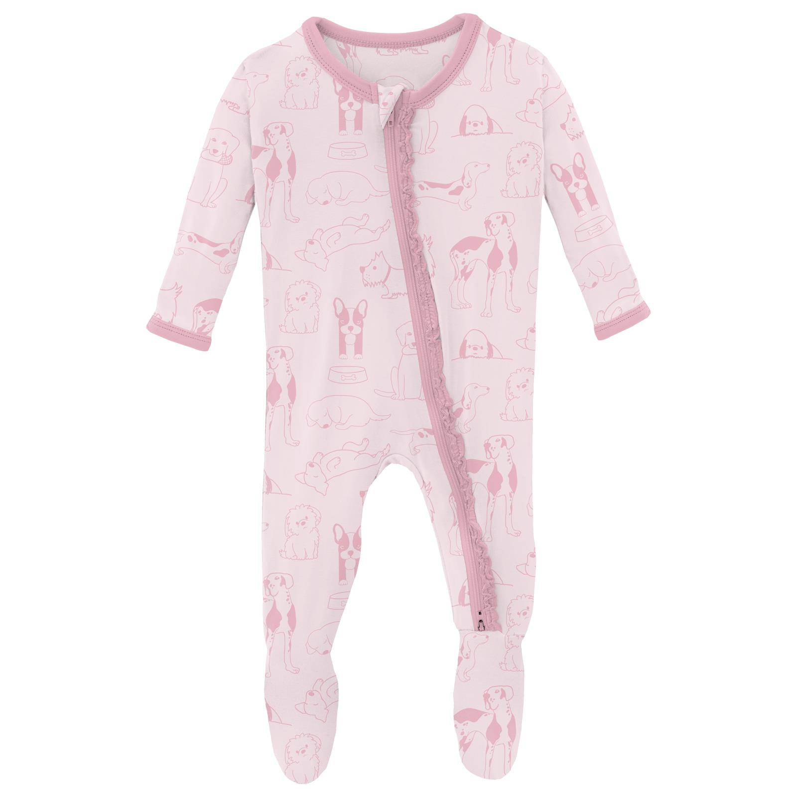 Kickee Pants Print Muffin Ruffle Footie with 2 Way Zipper Shrinking Violet Dogs