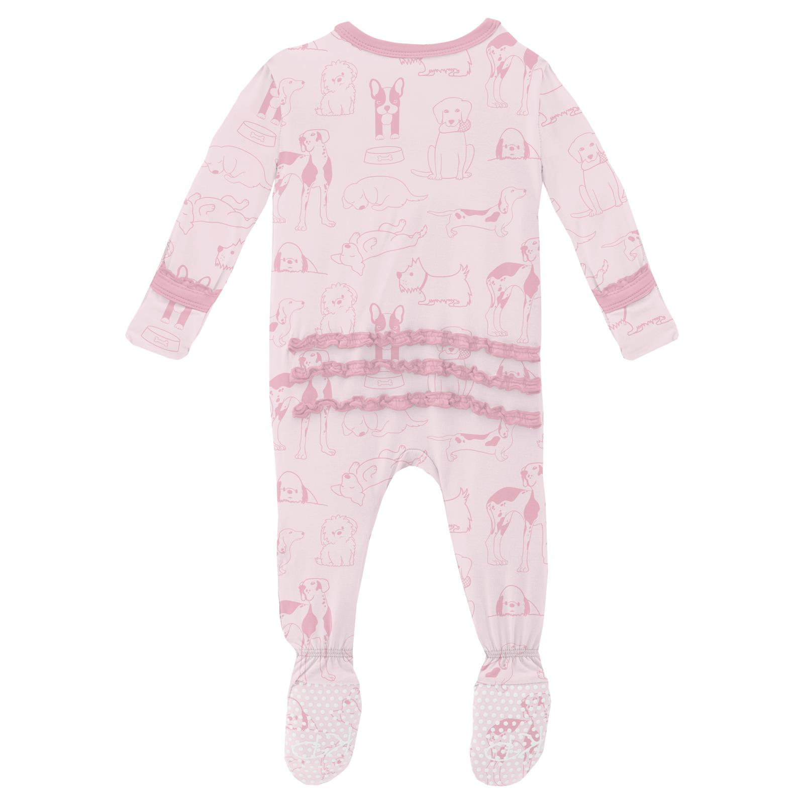 Kickee Pants Print Muffin Ruffle Footie with 2 Way Zipper Shrinking Violet Dogs