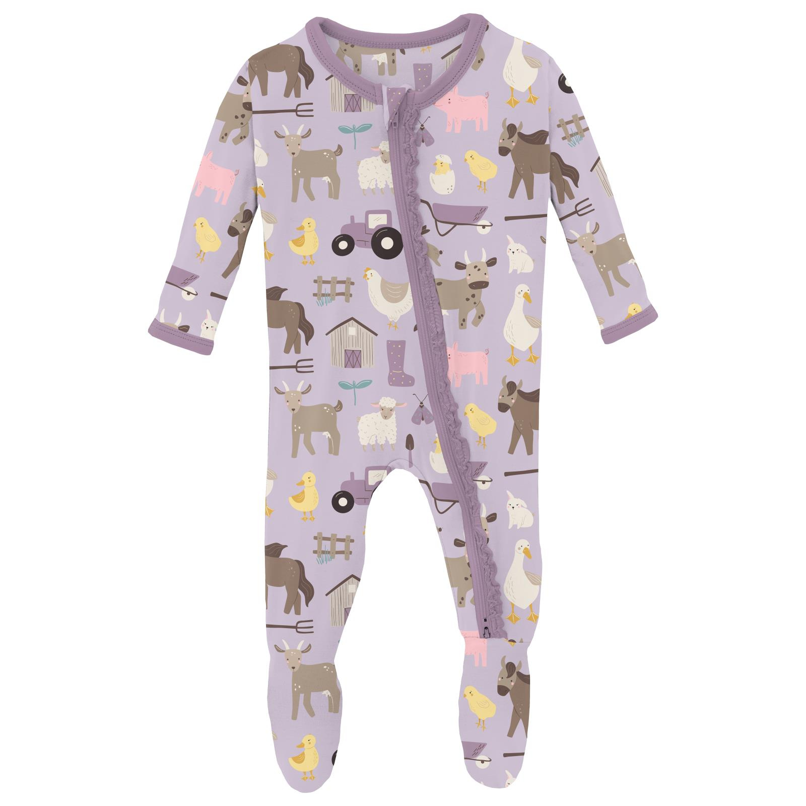Kickee Pants Print Muffin Ruffle Footie with 2 Way Zipper Thistle Morning on the Farm