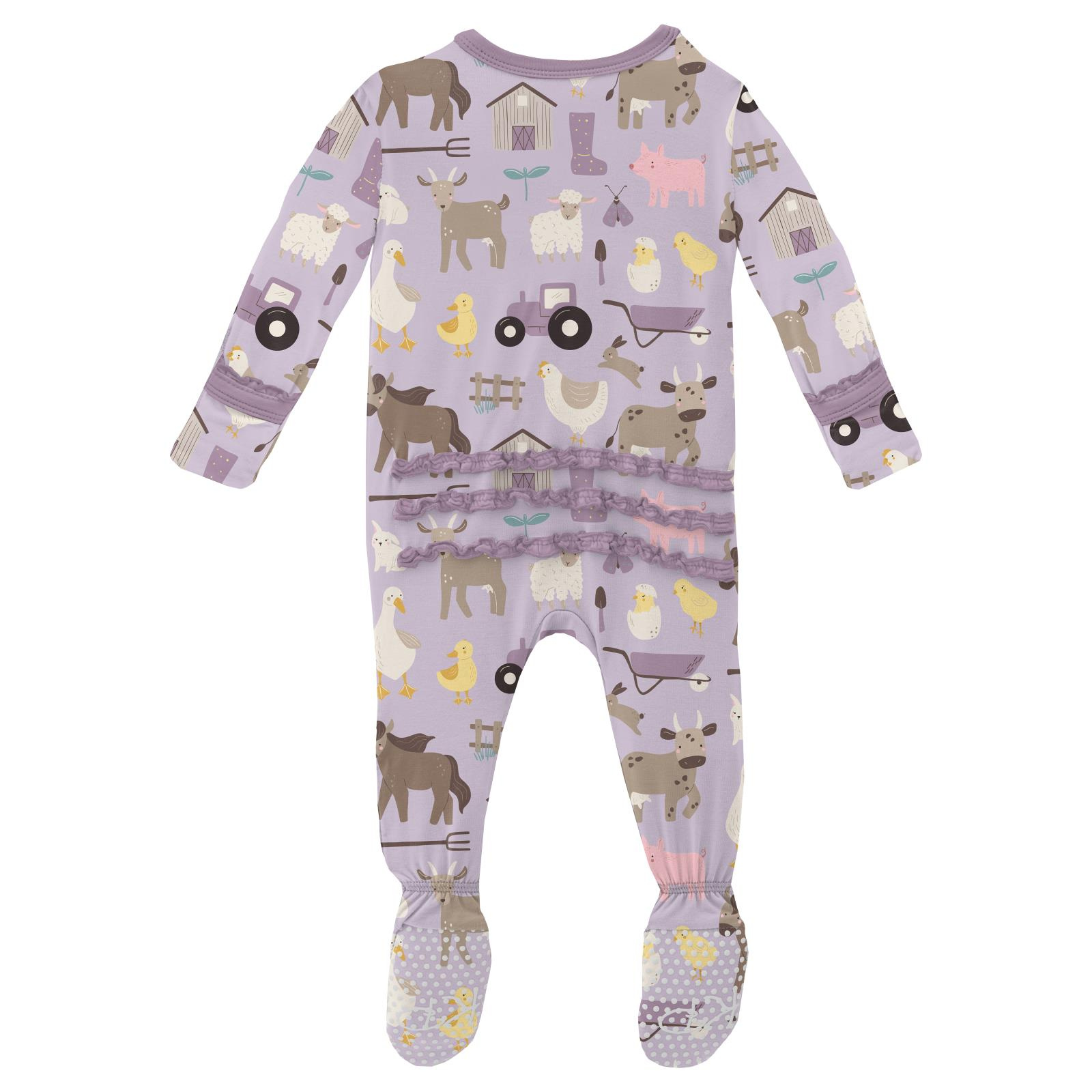 Kickee Pants Print Muffin Ruffle Footie with 2 Way Zipper Thistle Morning on the Farm