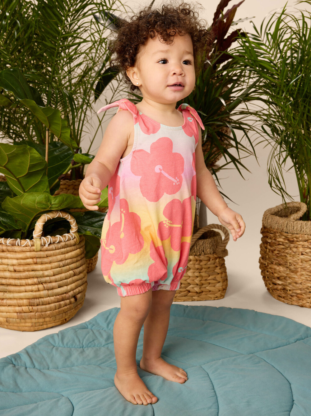 Tea Collection Tie Shoulder Baby Romper Rainbow Hibiscus