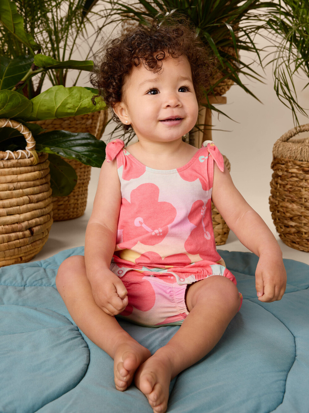 Tea Collection Tie Shoulder Baby Romper Rainbow Hibiscus