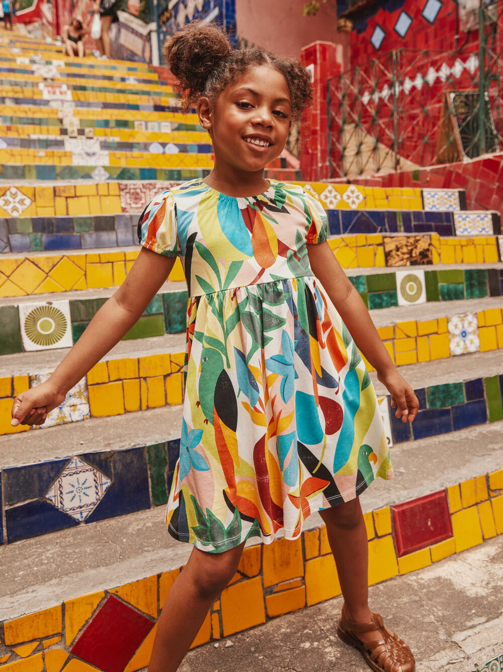 Tea Collection Puff Sleeve Empire Dress Parakeet Tropicalia