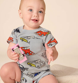 Tea Collection Pocket Shortie Romper Cuban Cars Gray