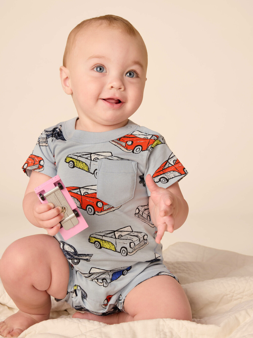 Tea Collection Pocket Shortie Romper Cuban Cars Gray