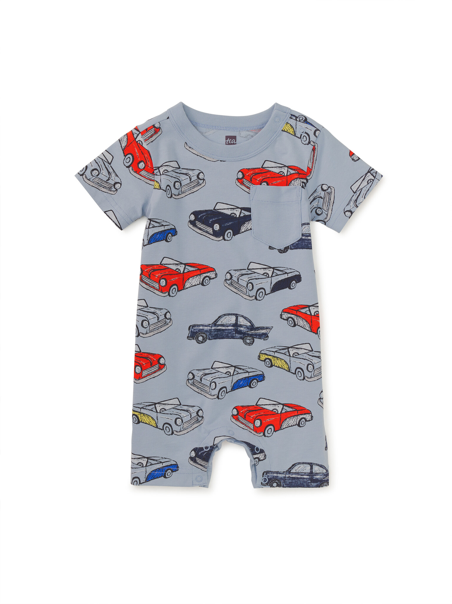 Tea Collection Pocket Shortie Romper Cuban Cars Gray