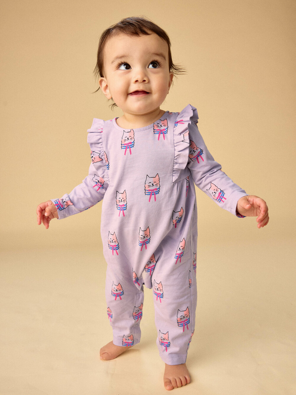 Tea Collection Ruffle Shoulder Baby Romper Bow Tie Cats