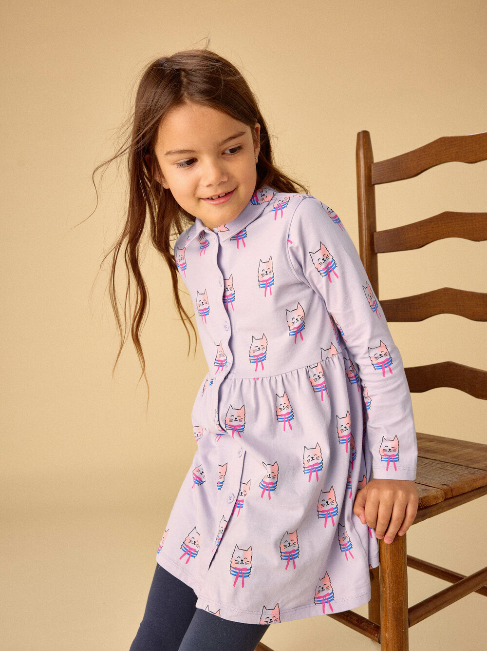 Tea Collection Collared Long Sleeve Shirtdress Bow Tie Cats