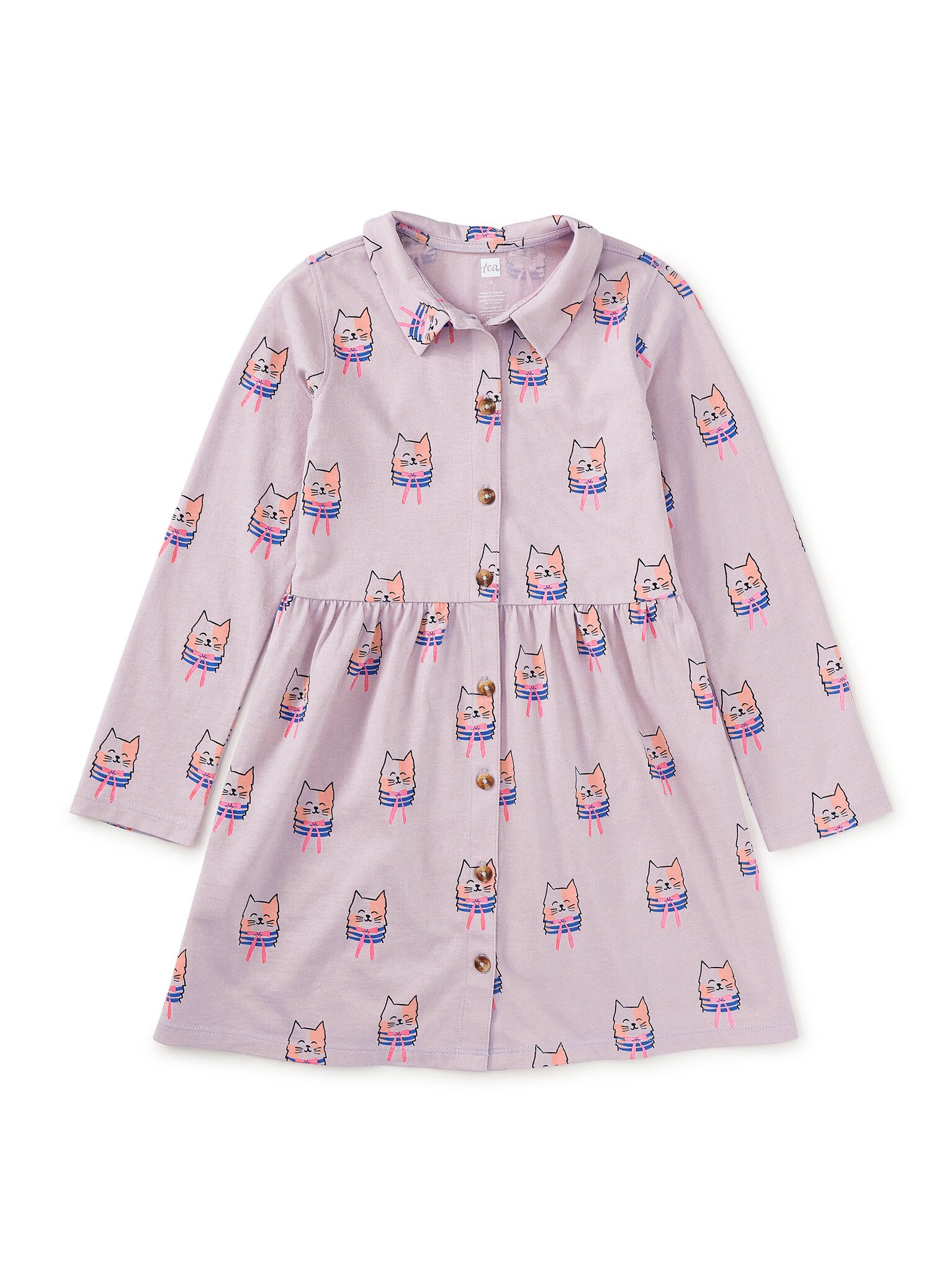 Tea Collection Collared Long Sleeve Shirtdress Bow Tie Cats