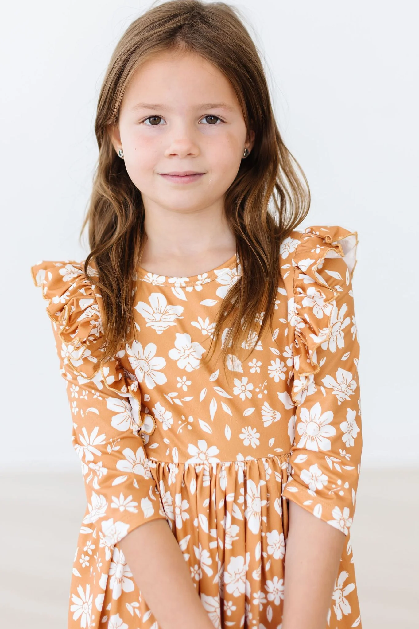 Mila & Rose Golden Blooms 3/4 Sleeve Ruffle Twirl Dress