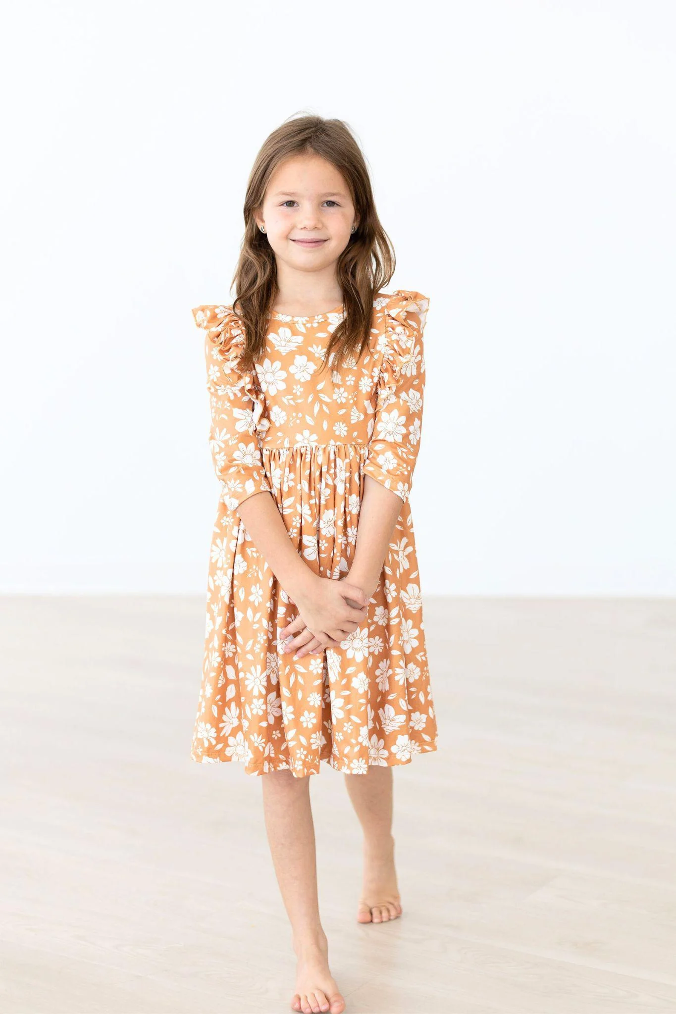 Mila & Rose Golden Blooms 3/4 Sleeve Ruffle Twirl Dress