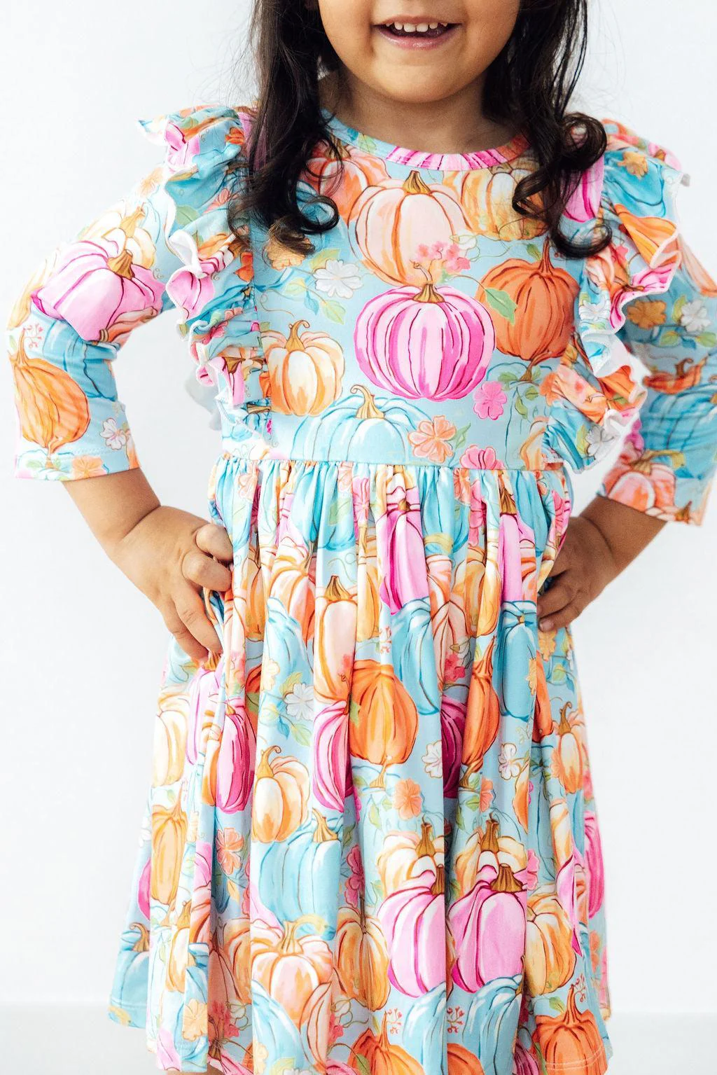 Mila & Rose Preppy Pumpkins 3/4 Sleeve Ruffle Twirl Dress