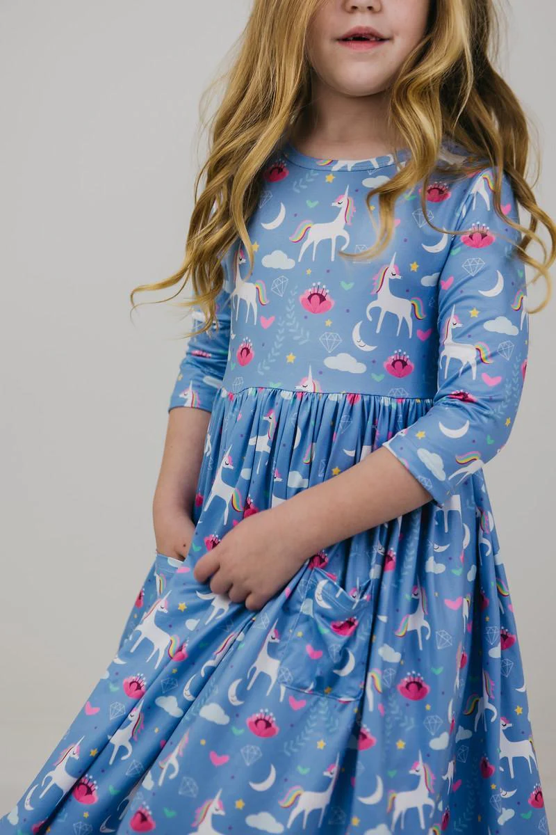 Mila & Rose Blue Moon 3/4 Sleeve Pocket Twirl Dress