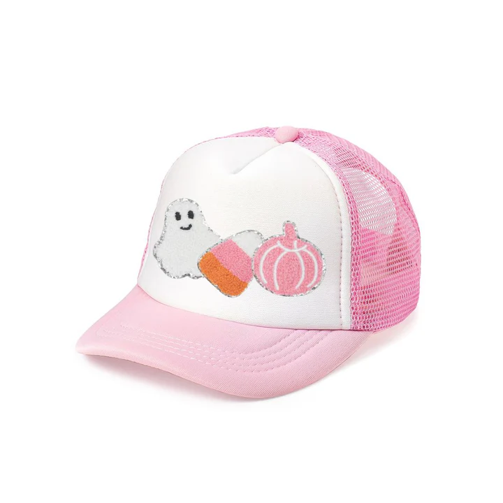Sweet Wink Halloween Treats Patch Trucker Hat - Pink/White