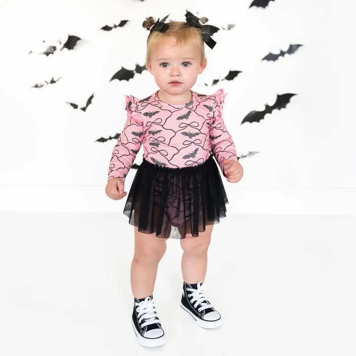 Sweet Wink Bat Trellis Printed Halloween Long Sleeve Tutu Bodysuit