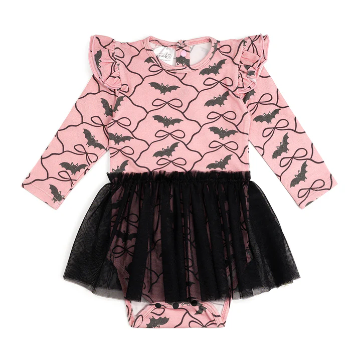 Sweet Wink Bat Trellis Printed Halloween Long Sleeve Tutu Bodysuit
