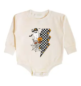 Sweet Wink Checker Ghost Halloween Long Sleeve Romper