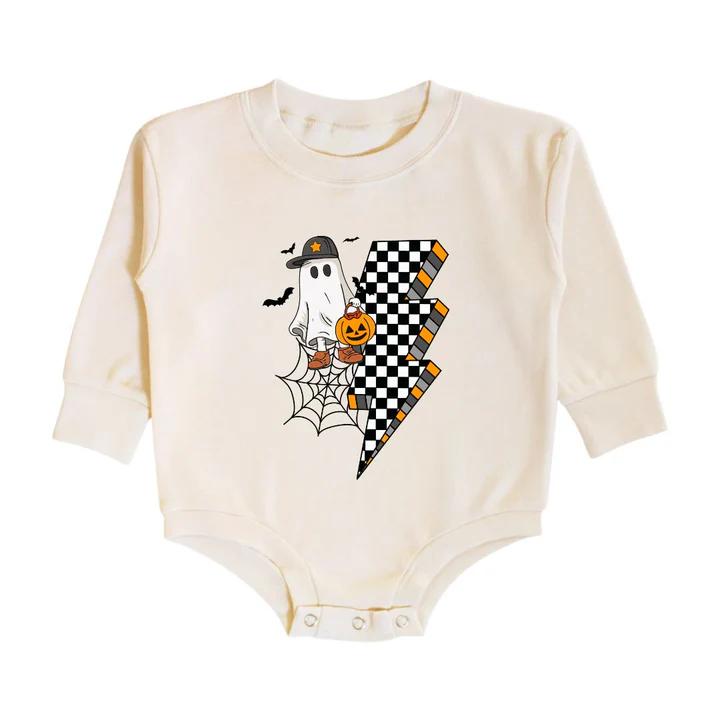 Sweet Wink Checker Ghost Halloween Long Sleeve Romper