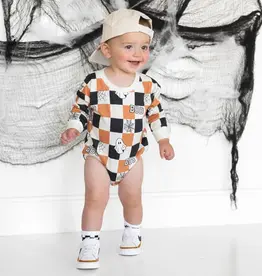 Sweet Wink Boo Checkered Halloween Long Sleeve Romper