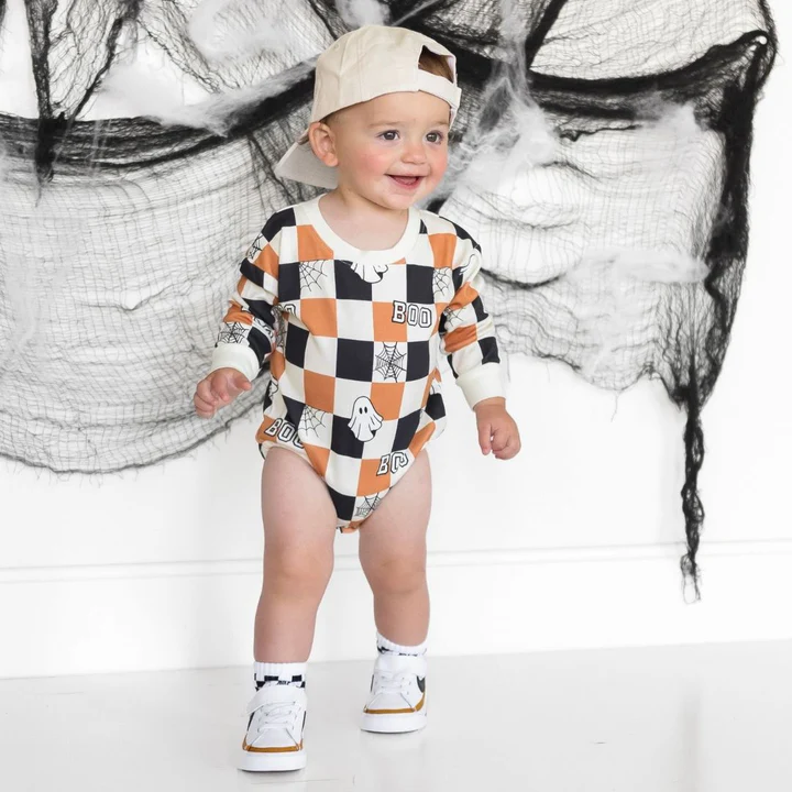 Sweet Wink Boo Checkered Halloween Long Sleeve Romper