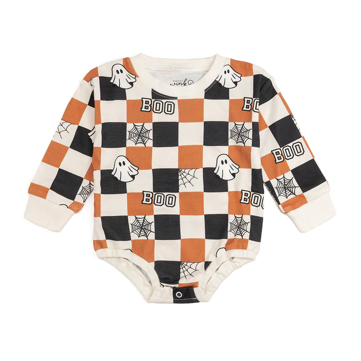 Sweet Wink Boo Checkered Halloween Long Sleeve Romper