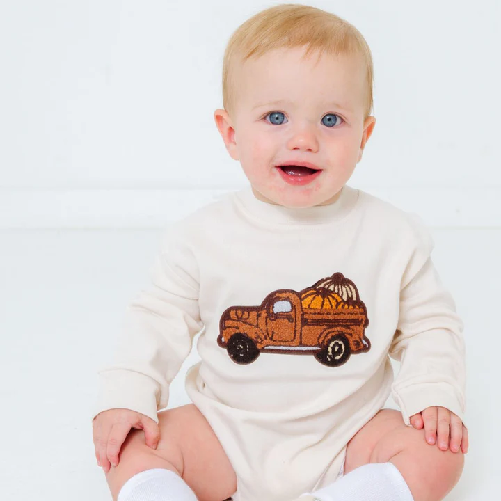 Sweet Wink Fall Truck Patch Long Sleeve Romper Natural