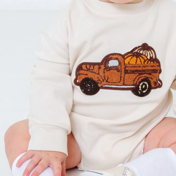 Sweet Wink Fall Truck Patch Long Sleeve Romper Natural