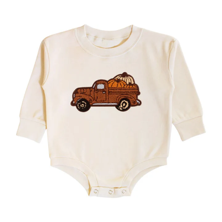 Sweet Wink Fall Truck Patch Long Sleeve Romper Natural
