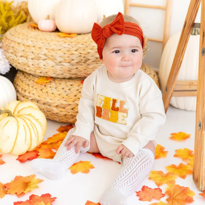 Sweet Wink Fall Babe Patch Long Sleeve Romper Natural