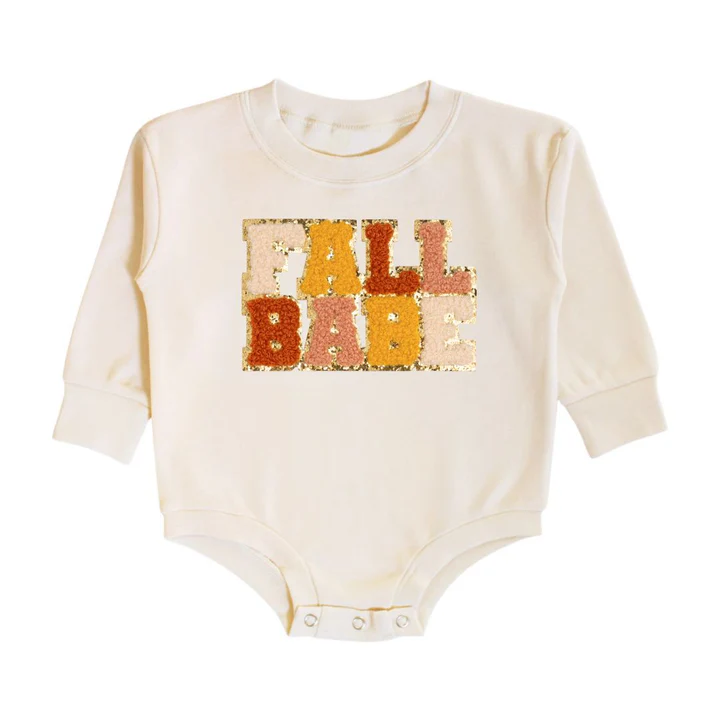 Sweet Wink Fall Babe Patch Long Sleeve Romper Natural