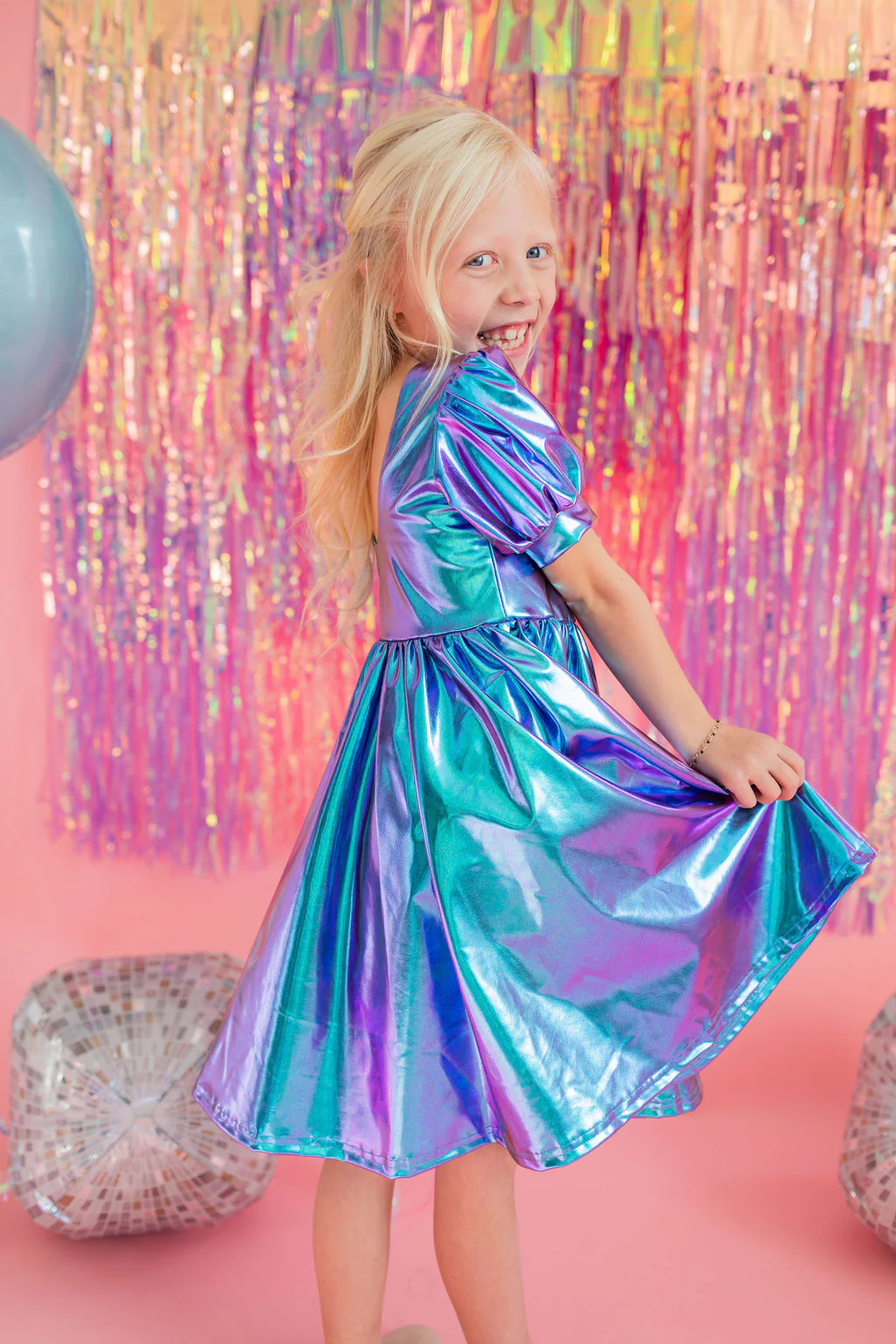 Ollie Jay Puff Dress in Aqua Lamé