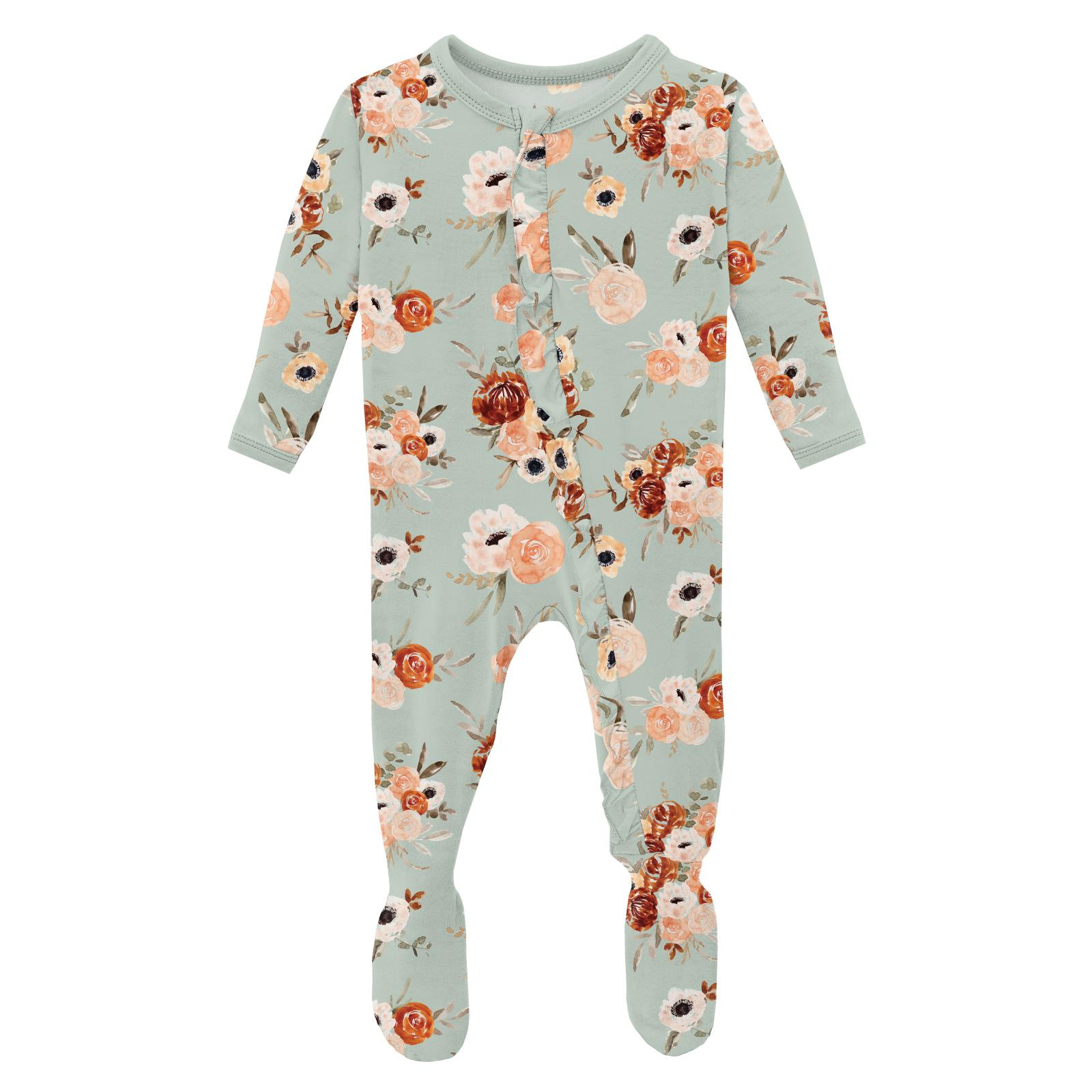 Kickee Pants Print Layette Ruffle Footie with 2 Way Zipper Aloe Fall Floral