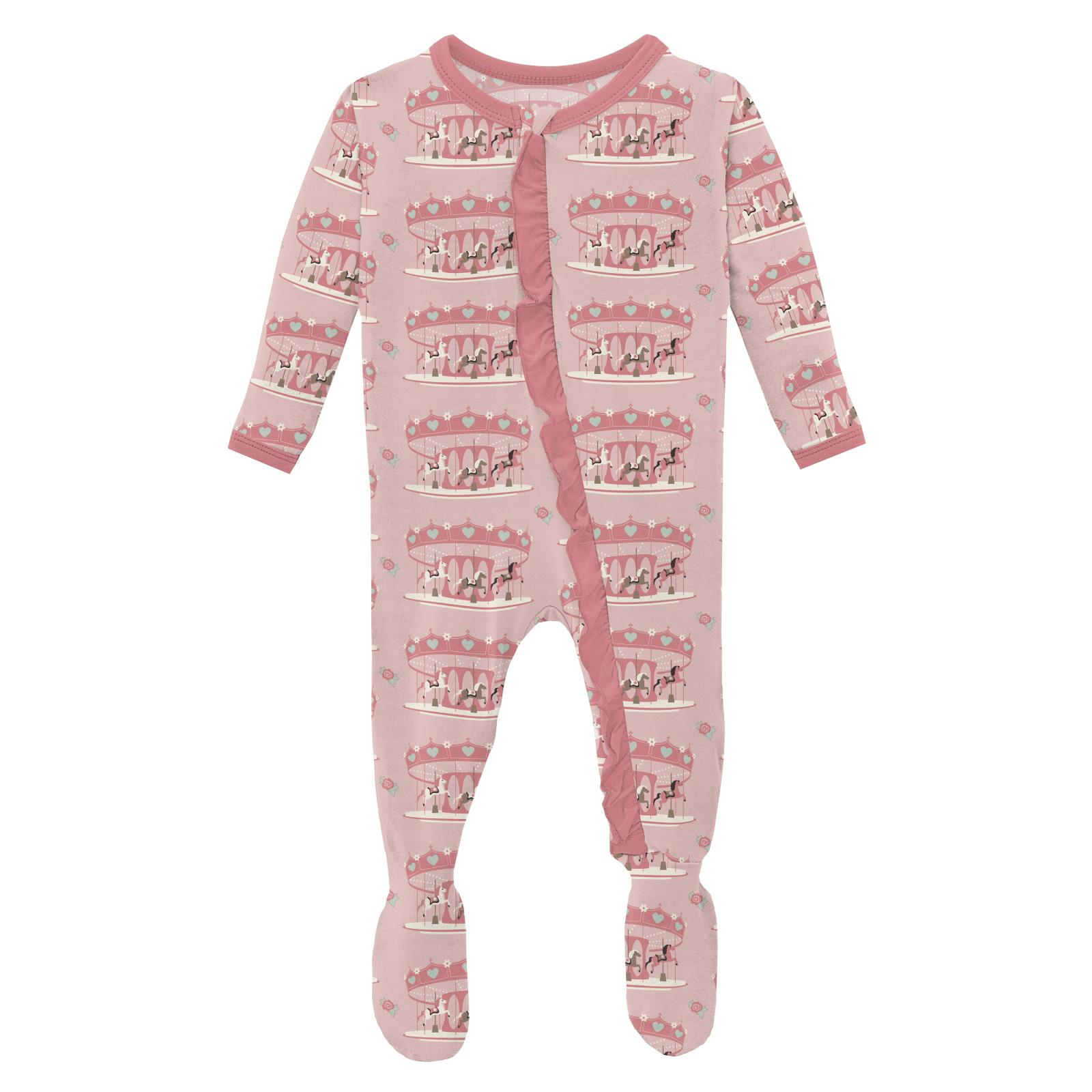 Kickee Pants Print Layette Ruffle Footie with 2 Way Zipper Baby Rose Fair Carousel