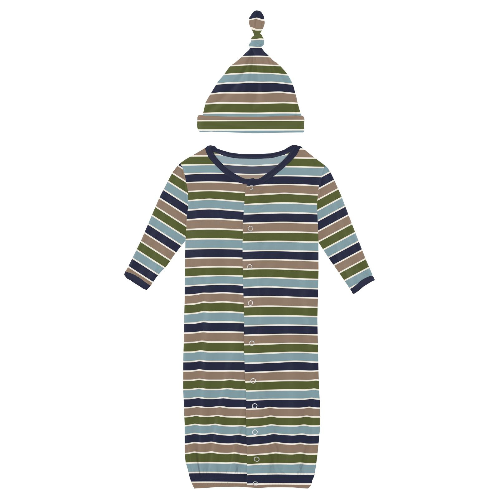 Kickee Pants Print Layette Gown Converter & Single Knot Hat Set Fall Vibes Stripe