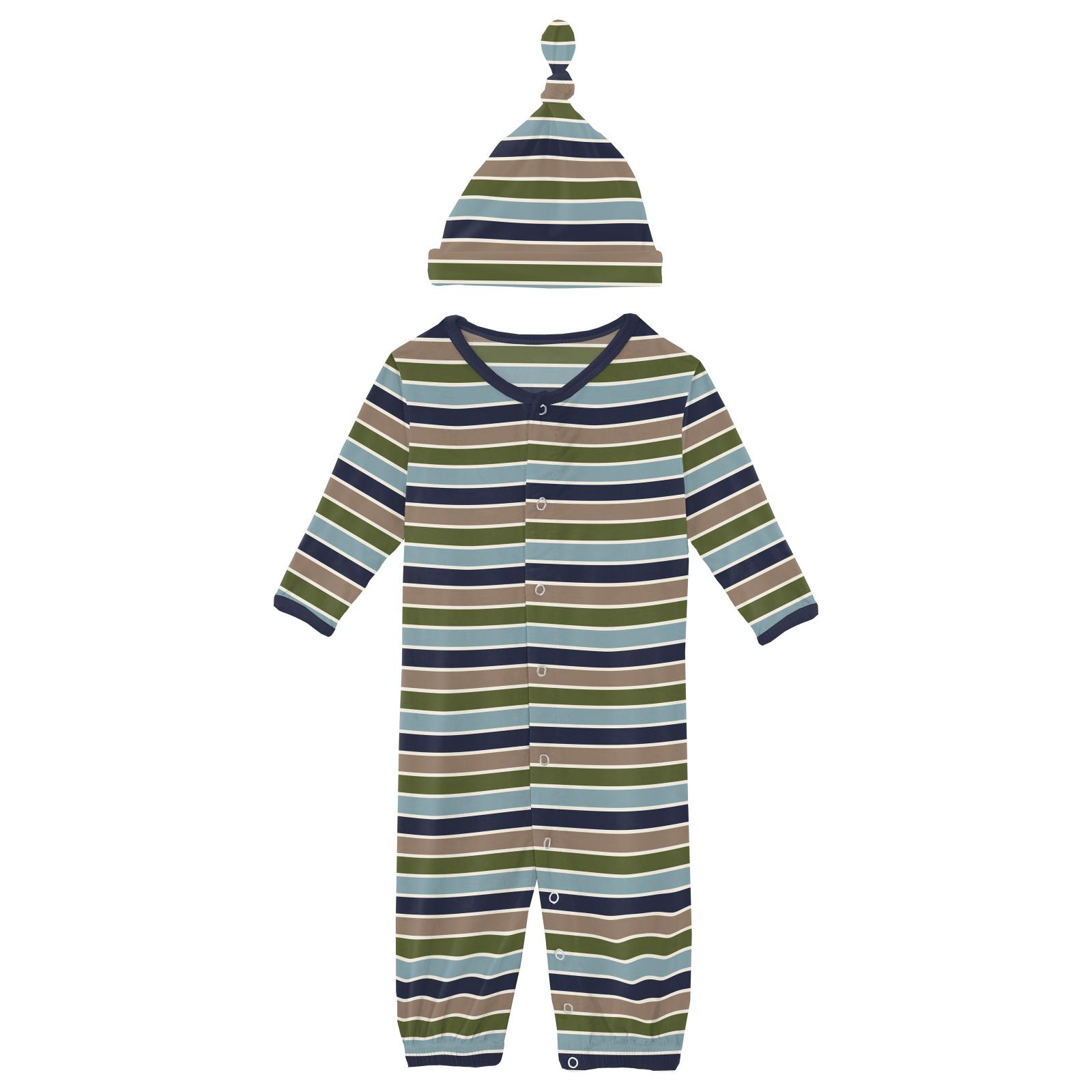 Kickee Pants Print Layette Gown Converter & Single Knot Hat Set Fall Vibes Stripe