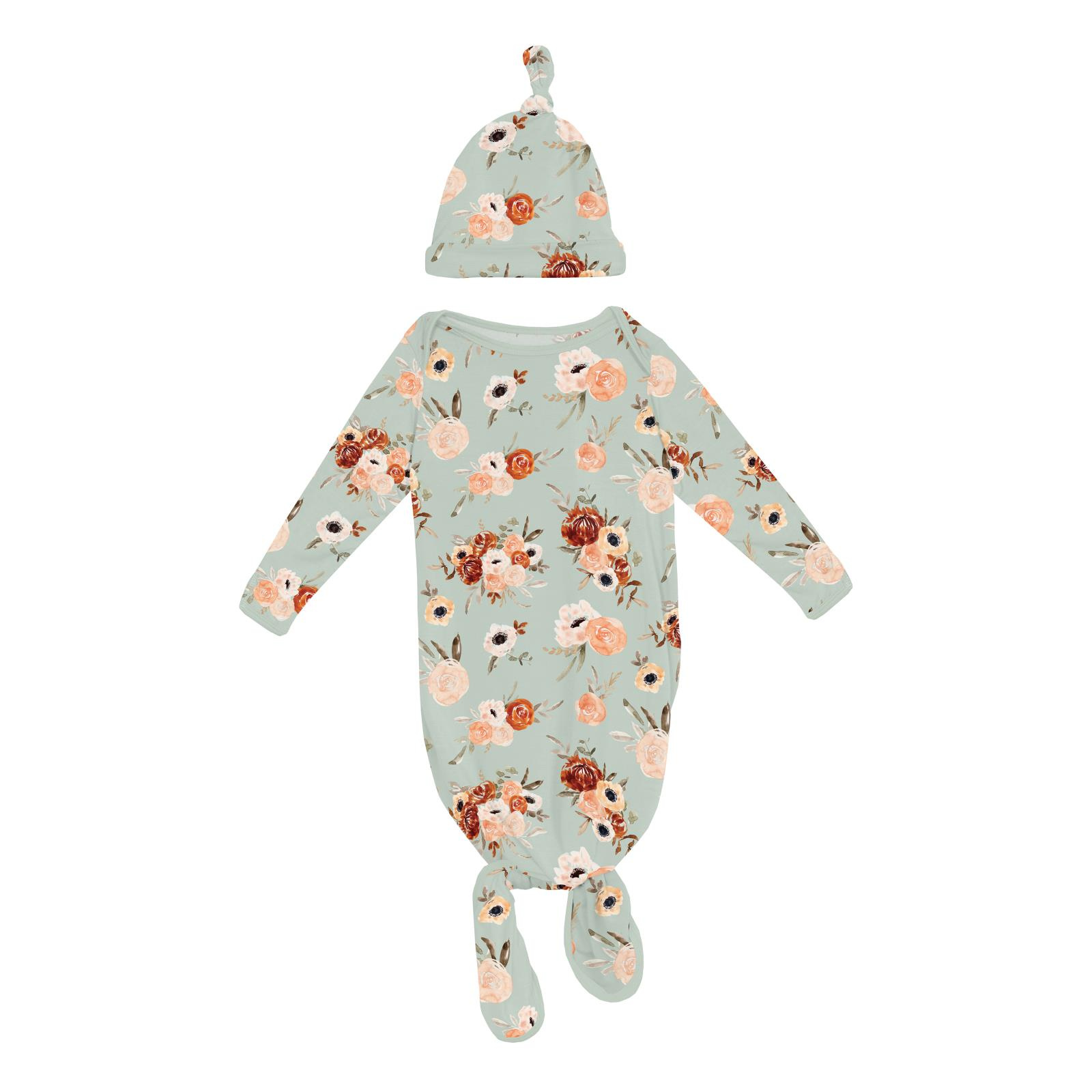 Kickee Pants Print Knotted Layette Gown & Hat Set Aloe Fall Floral